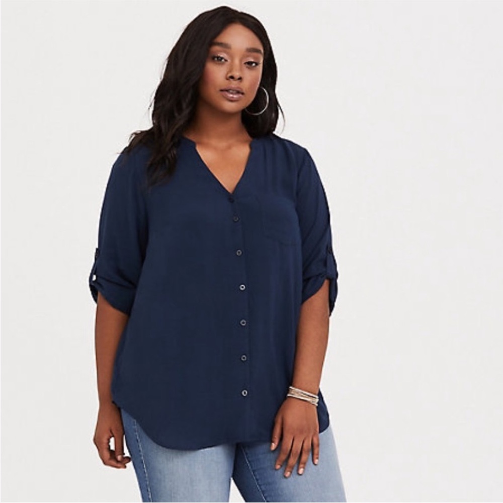 Torrid Navy Blue Challis Button Down 3/4 Sleeve Blouse Size 3x